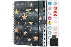 Gumiho Agenda Semainier 2026 Spirale - A5 Planner (Janvier-décembre 2026)-Agenda Scolaire Avec boucle de stylo & Autocollants de plan (Noir-star)