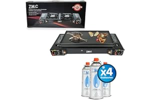 ‎Z.M.C ZMC Camping Gaskocher 2-flammig inkl. Adapter für LPG Anschluss + Grillplatte 45x24 cm + 4 Gaskartuschen 227g, Campingkocher mit Piezozündung