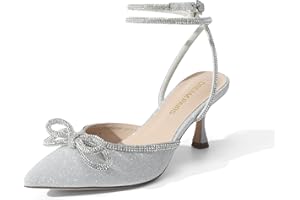DREAM PAIRS Kitten Heels Rhinestone Bow Ankle Strap Stiletto Pointed Closed Toe Heels for Women Pumps Wedding Bridal Party Dress Shoes