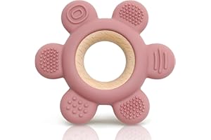 CAJA Beißring Blume Baby Zahnungshilfe Beißspielzeug aus Silikon Holz BPA frei Greifring mit strukturierten Oberflächen sicheres sensorisches Babyspielzeug Geschenkidee zur Geburt Jungen und Mädchen