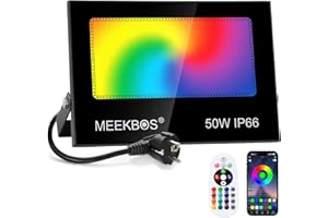MEEKBOS Faretto LED RGB 50W, Faro LED RGBW Esterno Con APP Bluetooth e Telecomando,IP66 Impermeabile 5000 Lumen 3000K Luce Bianca Calda Dimmerabile Proiettore per Giardino,Pasqua,Partito,Halloween