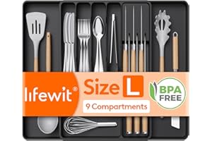 Lifewit Cutlery Drawer Organiser Large, Expandable Tray with Knives Holder for Kitchen Storage, Cutlery Organiser Insert for Spoons, Forks, Utensil, Black