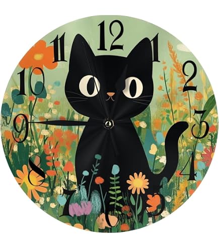 Orologio Da Parete Con Faccia Di Gatto Nero | Silenzioso, Movimento Al Quarzo, 24 Cm | Decorazione Per Camera Da Letto, Soggiorno, Ufficio