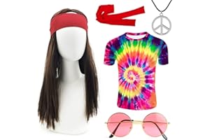 iZoeL Deguisement Annees 80s 70s Deguisement Hippie Femme Homme - Perruque T Shirt Lunettes Collier de Paix Accessoires, Costume Halloween/Disco/Hippie/Carnaval/Anniversaire/Fête