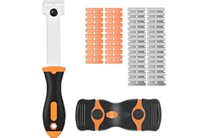 AXROAD MALL Lot de 2 grattoirs à verre à double tranchant en plastique avec 50 lames de rechange pour enlever les étiquettes, décalcomanies, sous-plancher, peinture du verre, autocollants (long manche)