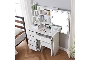 Saimeihome Dressing Table with Mirror and Stool, Vanity Desk with Hollywood Mirror-3 Color and Brightness Adjustable, Makeup Vanity Table with 6 Drawers for Girls White