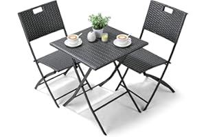LIFERUN Bistro Gartenmöbel Set 3-teilige, Balkonmöbel Rattan Set, 1 Klapptische und 2PCS Klappstühle, Grau Balkon Set, Balkonmöbel Klappbar, Rattan-Sitzgruppe für Balkon, Terrasse und Garten