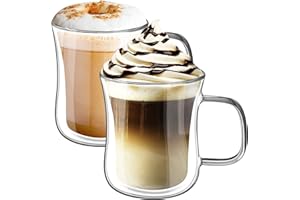 KAMEUN Tazas de Café de Cristal, 2 * 350Ml Vasos de Doble Pared con Asa,Tazas de Vidrio Borosilicato para Té, Café con Leche, Capuchino, Espresso, Jugo, Agua