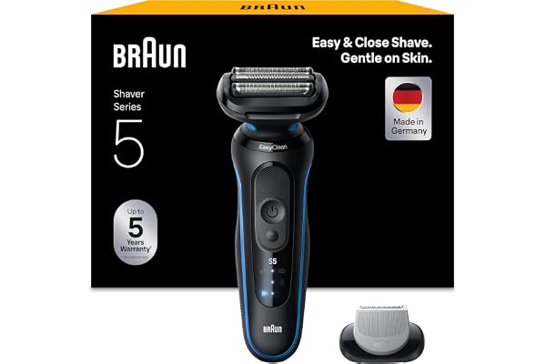 Braun Rasoir Electrique Homme Series 5 52-B1600S, Bleu, Etanche, Lames Flexibles Pour Raser Doucement Visage et Barbe, 2 Modes De Rasage, Coffret Avec Accessoire Tondeuse Pour Le Corps
