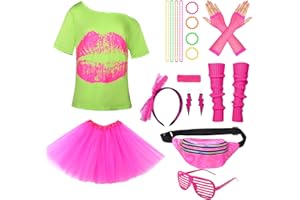 ANSAMY Deguisement Annee 80 Accessoire Femme Fluo Déguisement Année 80s Disco Fête Tutu T-shirt Sac Banane, Lunette, Bandeau, Colliers Jambières Soirée année 80 Fête Néon Tutu Fluo