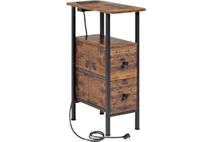 AMHANCIBLE Slim Bedside Table with Charging Station, Narrow Side Table with 2 Fabric Drawers, Small End Table with Open Storage Shelf, Nightstand for Small Spaces, Living Room, Brown HETNDP02PBR-1