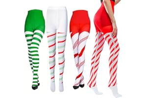 YuZhou 4 Pairs Christmas Striped Tights Red & Green, Green & White, High Stocking Stripy Tight Pantyhose Full Length Sock Spandex Tight Fancy Dress Costume for Santa Xmas Halloween Cosplay 110cm