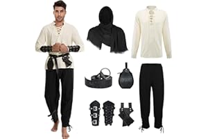 AJGEGJE Medieval Clothing Men's 7-Piece Renaissance Costume Set, Medieval Viking Costume with Pirate Shirt, Men's Long Trousers, Belt, Wrist Strap