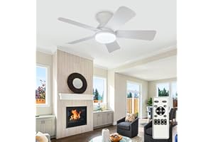 Depuley Ventilateur de plafond moderne avec lumière : Petit ventilateur de 35 pouces blanc - Ventilateur de plafond à gradation avec télécommande 5 pales blanches réversibles 6 vitesses minuterie