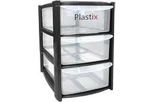 Plastix MINI SMALL Plastic Drawer Storage Tower Unit Office Home Desktop Stationery Make Up Organiser Tidy (Black, 3 Drawer Mini Tower)