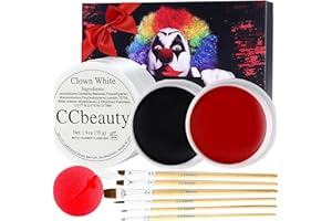 CCbeauty Clown Makeup Kit Professional White Black Red Face Paint Joker Dress Up with 6 Wooden Brushes,Red Nose,Foundation Cream for Vampire Halloween Red Nose Day