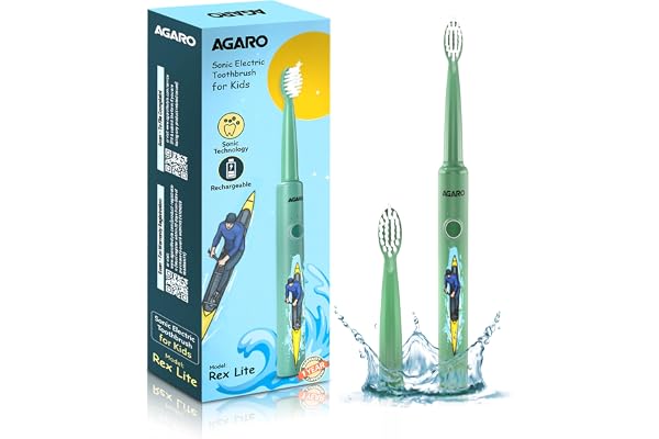 AGARO REX Lite Sonic Electric Kids Toothbrush with 3 Brushing Modes, 19000 Strokes per minute, Dupont Soft Nylon Bristles, Rechargeable Battery, Power Tooth Brush, Repleacble Heads, Green, 1 Count