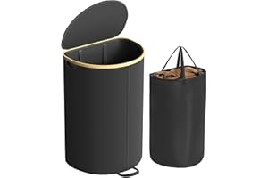 SONGMICS Kosz na pranie, 90-litrowy kosz na pranie z pokrywą, wyjmowany worek, do pralni, sypialni, salonu, w kolorze czarnym i naturalnym beżu LCB547B01