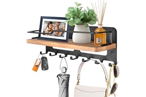 JiangLin Drewniany brelok z półką, dekoracyjny breloczek do kluczy, breloczek ścienny z 7 haczykami, drewniana półka ścienna do breloka, organizer do wejścia, korytarza, sypialni, salonu (czarny)