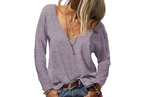 Fisoew Damska koszulka z długim rękawem basic sweter z dekoltem w serek, seksowny top, luźny długi rękaw