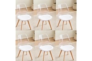 GrandCA HOME Set di 6 Sedie da Pranzo Nordiche con Schienale Trasparente, Sedia Imbottita con Sedile Imbottito in Tessuto di Lino (Bianco-PU)