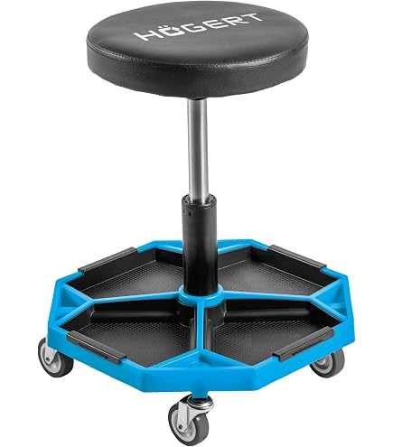 Tabouret D'atelier HASKYY Réglable En Hauteur - 5 Roulettes, 2 étagères De Rangement, Charge 135 Kg - Bleu
