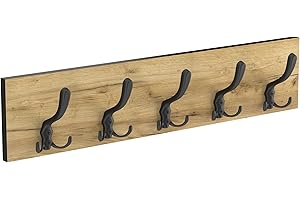 HWS FURNITURE Garderobenleisten, Kleiderhaken Wand– 65 cm – mit soliden 5 Haken Wandaufhänger, Garderobenhaken, Wandgarderobe für Flur, Ankleidezimmer, Schlafzimmer und Badezimmer (Schwarz/Eiche)
