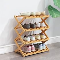 Étagère à Chaussures Bambou Pliable 2 Niveaux - Rangement Portable Sans Installation