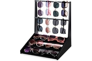 Emfogoo 5-Tier Sunglasses Organiser for 16 Pairs, with Wooden Base & Metal Top Rack - Multi-Purpose Display Stand for Eyeglasses, Watches & Perfumes, Fits Desk, Dresser and Vanity
