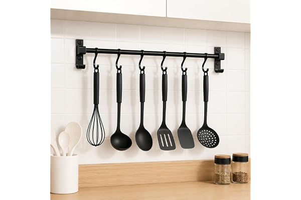 Chingcoo Kroklist kök 40 cm aluminium utan borrning, köksstång med krok, svart, robust köksreling, väggstång för köksredskap, stång för kök, hängande list, platsbesparande modern