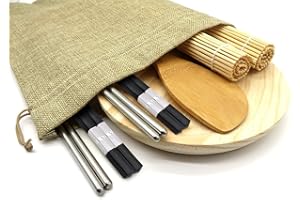 Buabi Sushi Kit con Palillos de Acero Inoxidable, Palillos de Madera, esterillas, y Paleta de bambú. con Bolsa de Lino de Regalo (con Plato de Madera)