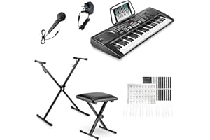 Crystals 61-Key Digital Keyboard Piano Set for Beginners with Adjustable Keyboard Stand, Padded Piano Stool & Microphone – LCD Display, 128 Timbres & Rhythms, Record Mode, Headphone Jack - Black