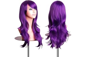 EmaxDesign Peluca de mujer de 70 cm de longitud Melena larga y con volumen, de estilo ondulado y resistente al calor, incluye rejilla para el pelo y peine para peluca, color púrpura.