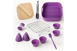 MOLJAUS Utensilios freidora de Aire 8 Acessórios Air Fryer. Incluye Molde freidora de Aire 22 cm Papel para Air Fryer Brocha Guantes Pinzas freidora de Aire 4 Moldes Muffins y Rejilla airfryer. Pack Morado.