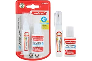 Starplast PACK MINI LÁPIZ CORRECTOR + LÍQUIDO CORRECTOR Lápiz 4ml + Líquido 20ml, Formato mini, Lápiz Secado rápido, Sujeción cómoda, para la escuela u oficina.