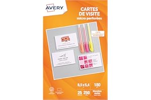 AVERY - Pochette de 250 cartes de visite micro-perforées (185g/m²). Personnalisables et imprimables. Format 85 x 54 mm. Impression jet d'encre.