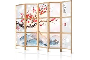 decomonkey 5 Panelli Paravento - 225 x 171cm Natura di montagna con fiori di ciliegio Divisorio Separè per la separazione degli ambienti la casa l'ufficio la spa