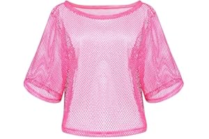 Aomig Jahre Outfit Damen 80er-90er Jahre Mottoparty Netzoberteil Neon Tops Accessoires Pink T-Shirt Geburtstag Cosplay