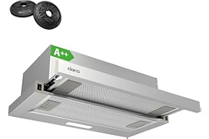 CIARRA AWS6906D A++ - Cappa aspirante 60 cm, 370 m³/h con filtro ai carboni attivi CBCF002X2 integrato piatto da incasso cappa aspirante in argento