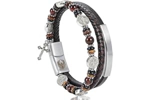 SHIEAGLELD Pulsera Hombre, Pulsera de Cuero para Hombre con Medalla de San Benito y Cruz, Joyero Exclusivo, la Idea de Regalos para Hombres