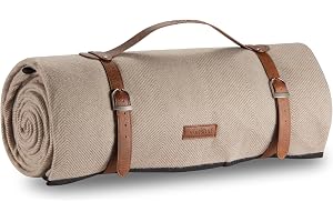 VonShef Picnic Blanket - Beige Herringbone Outdoor Rug with Waterproof Backing - 10 Person Weatherproof Picnic Mat with Faux 