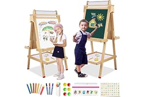 NUKDEY 3 in 1 Lavagna per Bambini con Rotolo di Carta, Lavagnas Doppia Faccia Cavalletto Artistico in Legno Cavalletto Pittura in Regolabile Altezza Lavagna Multiattività con Lettere Numeri e Altri accessori