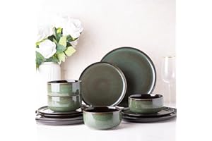 LeRatio Dinner Set for 4, 12 Piece Stoneware Plates and Bowls Set, Chip & Scratch Resistant Reactive Glazed Dinnerware Set, Dishwasher & Microwave Safe Crockery Set (Jade Green, Service for 4)