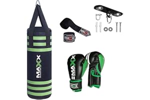 MAXX PRO BOXING GEAR Maxx Black Green Kids Punch Bag Set - Junior Boxing Punching Bag with Bracket Hook and 6oz or 8oz Gloves