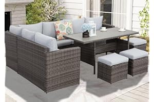 GLP Polyrattan Gartenmöbel Set für bis zu 9 Personen - Outdoor Lounge Essgruppe mit WPC Esstisch, Ecksofa, Hocker, Sessel und Dicke Kissen, Wetterfest (Grau & Hellgrau)