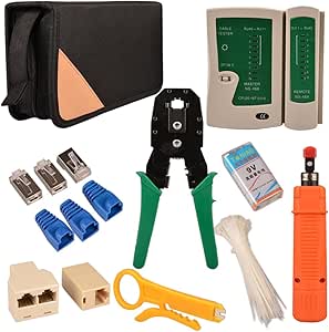 MyArmor Professional 11-in-1 Network Installation Maintenance Repair Tools Set (Cable Tester, Crimper, 9V Battery, RJ-45 Cat5e Cat6 Ethernet LAN 8P8C Coupler Adapter Jacks Connectors and Covers, Wire Strippers, Cable Ties) with Organizer Bag