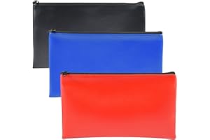 ZEYOU 3 Pack Bank Deposit Money Bag Pouch,Money Bag for Cash, Leather Money Bags, PU Wallets Bank Bag Can Be Used As Cosmetic Bag, Handbag, Pencil Case for Work, Home, School - Black, Blue and Red