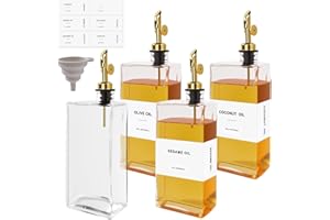 Otauoaea Lot de 4 Bouteille Huile 500ml Distributeur Huile d'Olive,Verseur Huile d'Olive Carré,Automatique Bouteille Huile et Vinaigre pour Cuisine - Avec étiquettes et Entonnoir