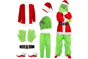 DIIQII Costume Mostro Verde Babbo Natale per Adulti: Babbo Natale Completto 7 Pezzi di Lusso con Maschera Cappello & Guanti - Vestito per Carnevale Feste in Maschera e Cosplay