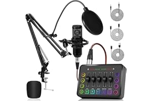 LILUOSUO Podcast Kit Complet, Table de Mixage avec Carte Son pour Micro XLR, Interface Audio pour Musiciens en Streaming, Alimentation Fantôme 48V, pour le Streaming en Direct, le Chant, YouTube, le Jeu